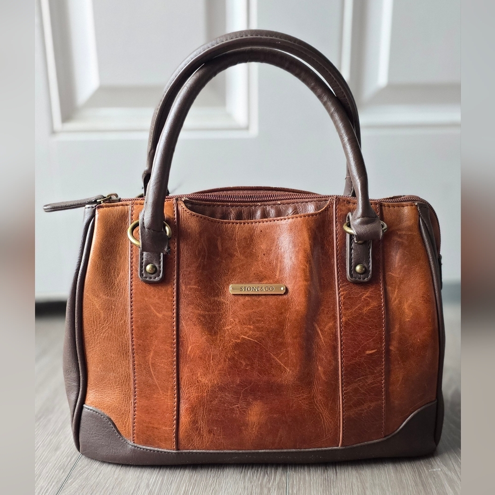 Stone & Co Genuine Leather Satchel Cognac Brown Rustic Boho Western Bag